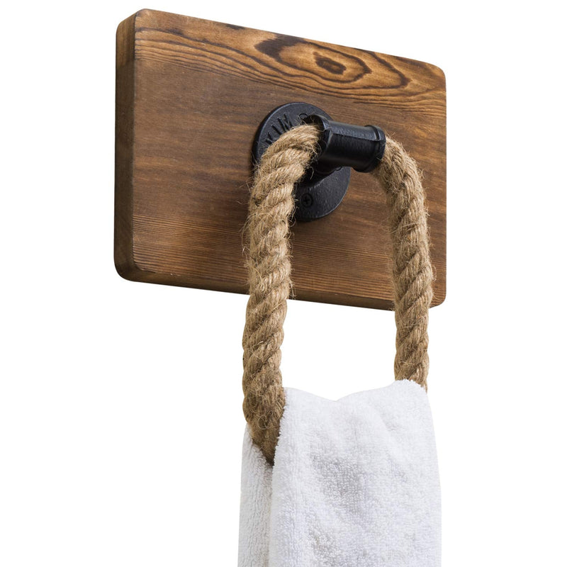 MyGift Dark Brown Wood and Industrial Pipe Wall Mounted Rope Towel Ring, Farmhouse Bathroom Decor Hand Towel Holder