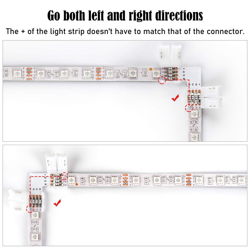 L Shape 4-Pin LED Connectors 10-Pack JACKYLED 10mm Wide Right Angle Corner Solderless Adapter Connector Terminal Extension with 22Pcs Clip Connectors for 3528/5050 SMD RGB 4 Conductor LED Light Strips