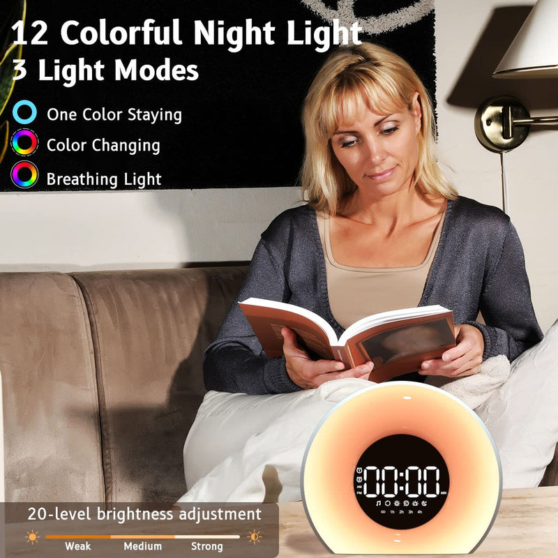 OrangeLight Wake Up Light Sunrise Alarm Clock with Sunrise Sunset Simulation 25 Nature Sounds 12 Colors Night Light Dual Alarms and Snooze Function Sleep Aid for Heavy Sleepers Kids Adults (White)