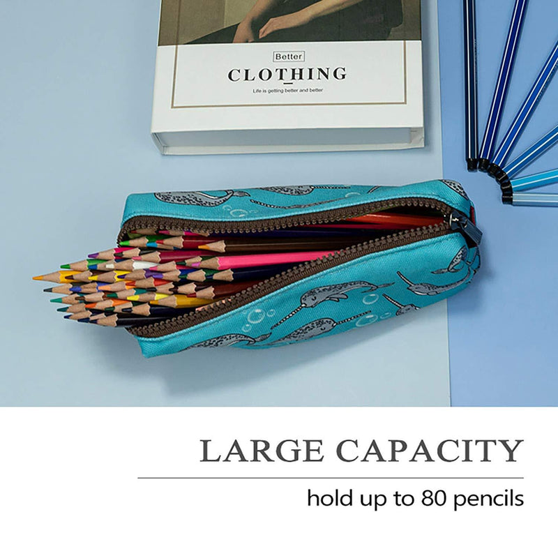 LParkin Cute Narwhal Canvas Pencil Case Pen Bag Pouch Stationary Case Gadget Makeup Cosmetic Bag Box Blue