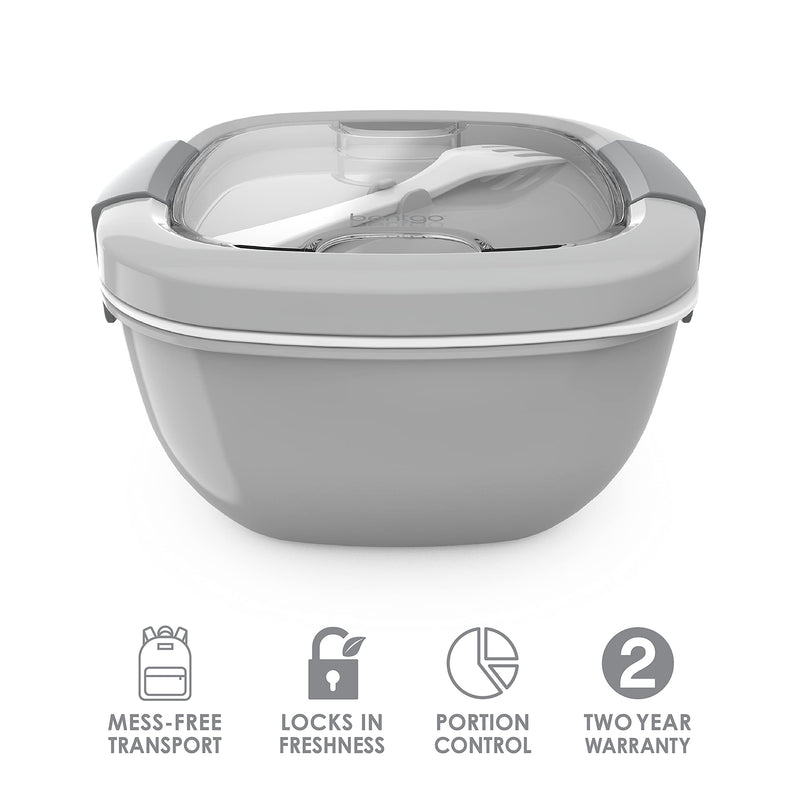 Bentgo Salad - Stackable Lunch Container with Large 54-oz Salad Bowl, 4-Compartment Bento-Style Tray for Toppings, 3-oz Sauce Container for Dressings, Built-In Reusable Fork & BPA-Free (Gray) Gray