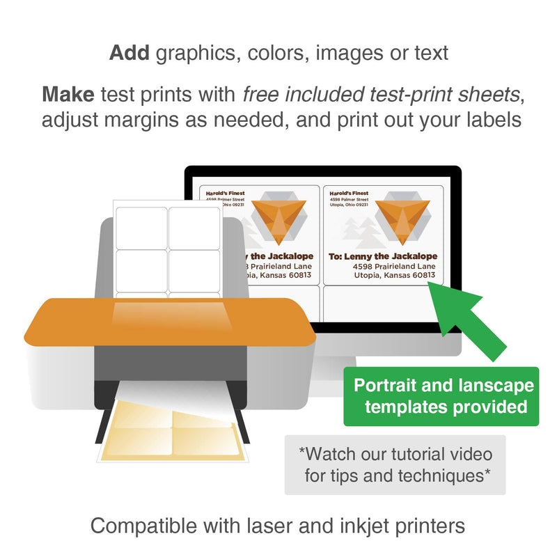 ChromaLabel 3-1/3 x 4 Inch Printable Labels, Compatible with Laser and Inkjet Printers, 150 Pack, 25 Sheets, White