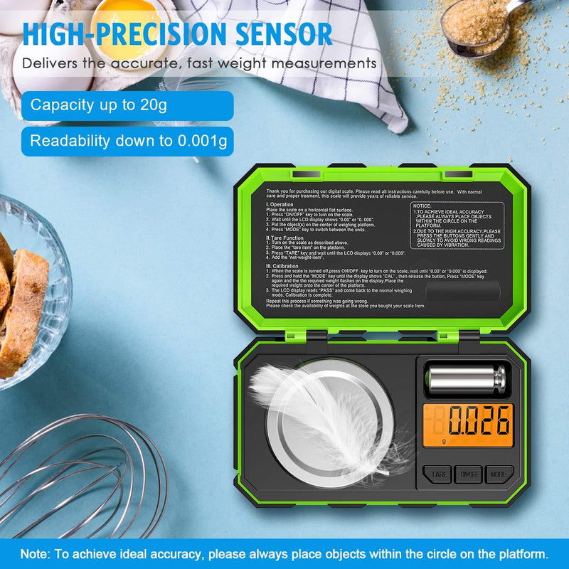 (New Version) Brifit Professional Digital Mini Scale, 20g-0.001g Pocket Scale, Electronic Smart Scale with 20g calibration weight (Battery/Tweezers Included) Green