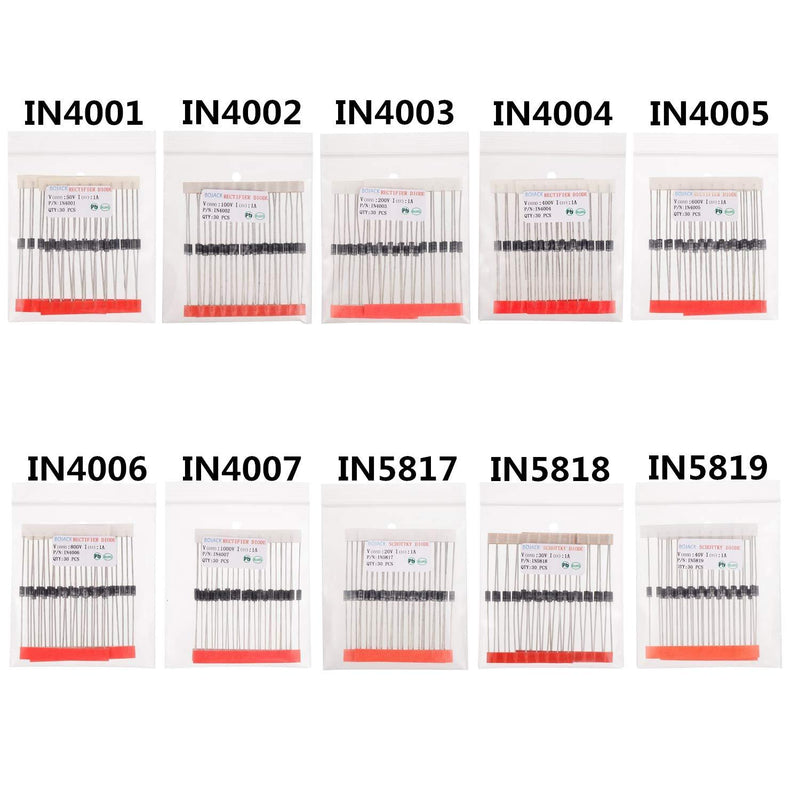 BOJACK 10 Values 300 pcs Rectifier Diodes 1N4001 1N4002 1N4003 1N4004 1N4005 1N4006 1N4007 Schottky Diodes 1N5817 1N5818 1N5819 Assortment Kit