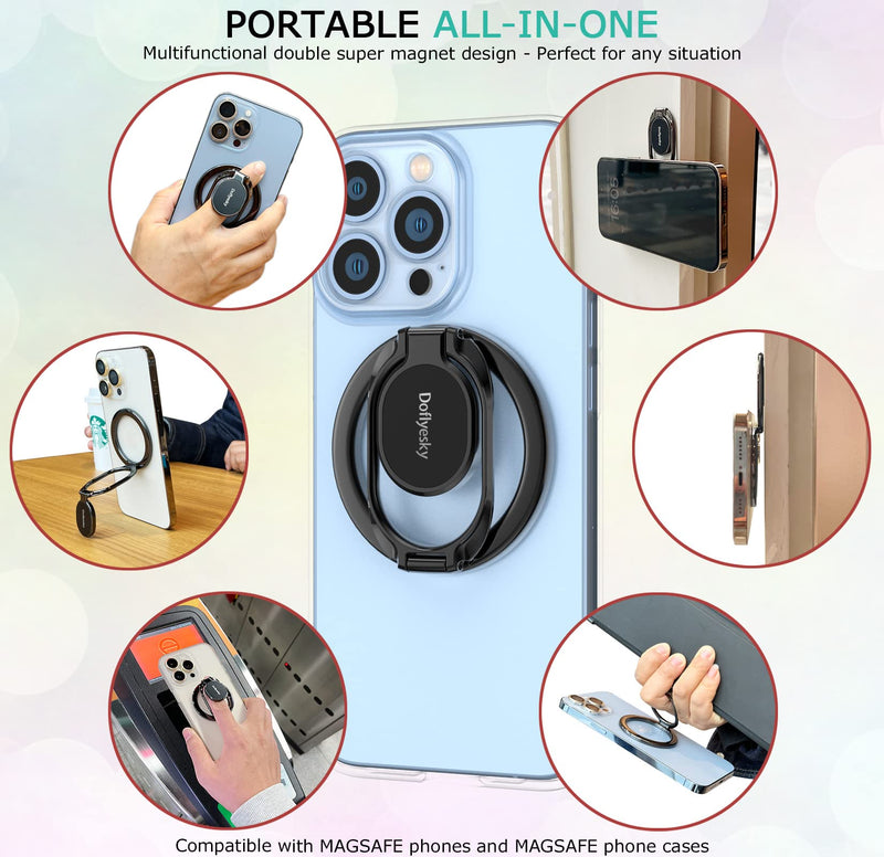 Magnetic Phone Ring Holder with Magsafe, Double Adjustable Gym Finger Ring Grip and Stand, Removable Phone Grip, for iPhone, iPad and Smartphones, Compatible with Magnetic Car Mount (Gun Black)