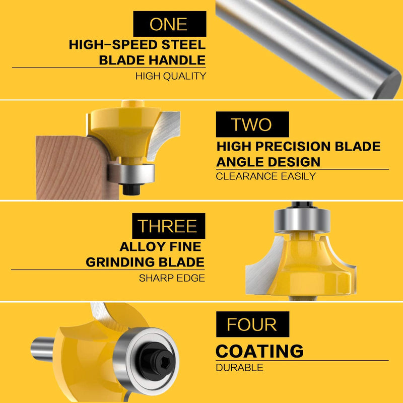 1/2 Inch Shank Round-Over Router Bits Corner Rounding Edge-Forming Roundover Beading Router Bit Set - 1/8" 1/4" 3/16" 7/16" 3/8" 1/2" Radius 6 Pcs by ROOCBIT Corner Round Bit-1/2"Shank-6PCS
