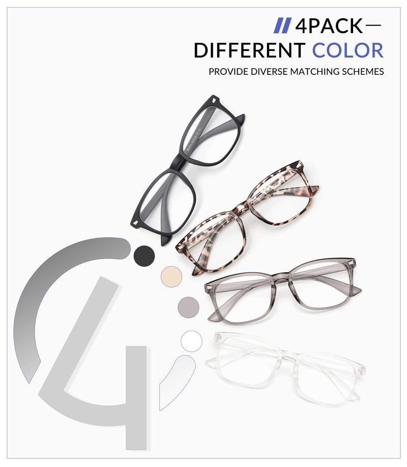 Gaoye 4-Pack Blue Light Glasses, Anti UV Ray/Glare Lens Fashion Fake Frames Computer Gaming Glasses for Women Men A3 Matte Black+leopard+transparent+gray clear
