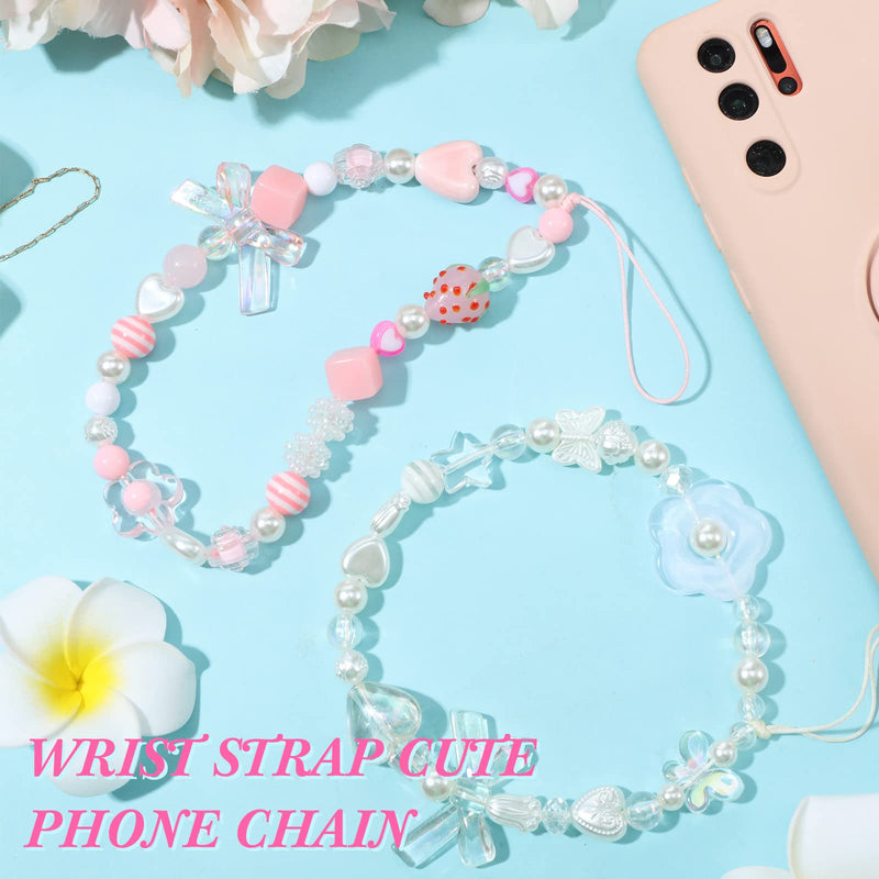 2 Pcs Phone Charms Strap Beaded Phone Strap Pink Cute Phone Charms Aesthetic Love Phone Lanyard Wrist Strap Beaded Phone Keychain Charm for Women Girl Gifts