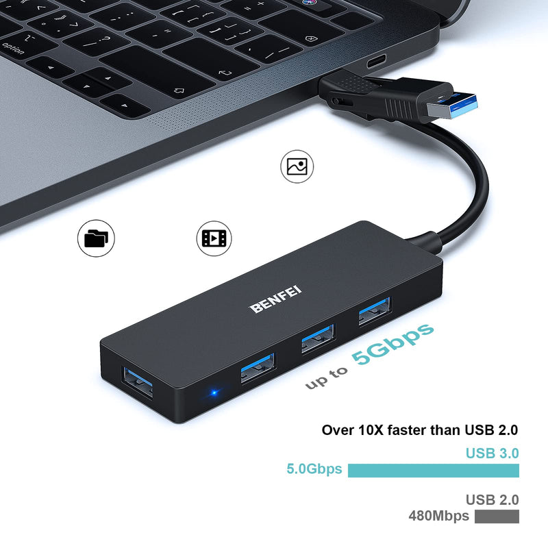 BENFEI USB 3.0 Hub, USB-C HUB, 2-in-1 USB Type-A/Type-C Hub with 4 USB 3.0 Ports Compatible for MacBook, Mac Pro, Mac Mini, iMac, Surface Pro, XPS, PC, Flash Drive, Mobile HDD
