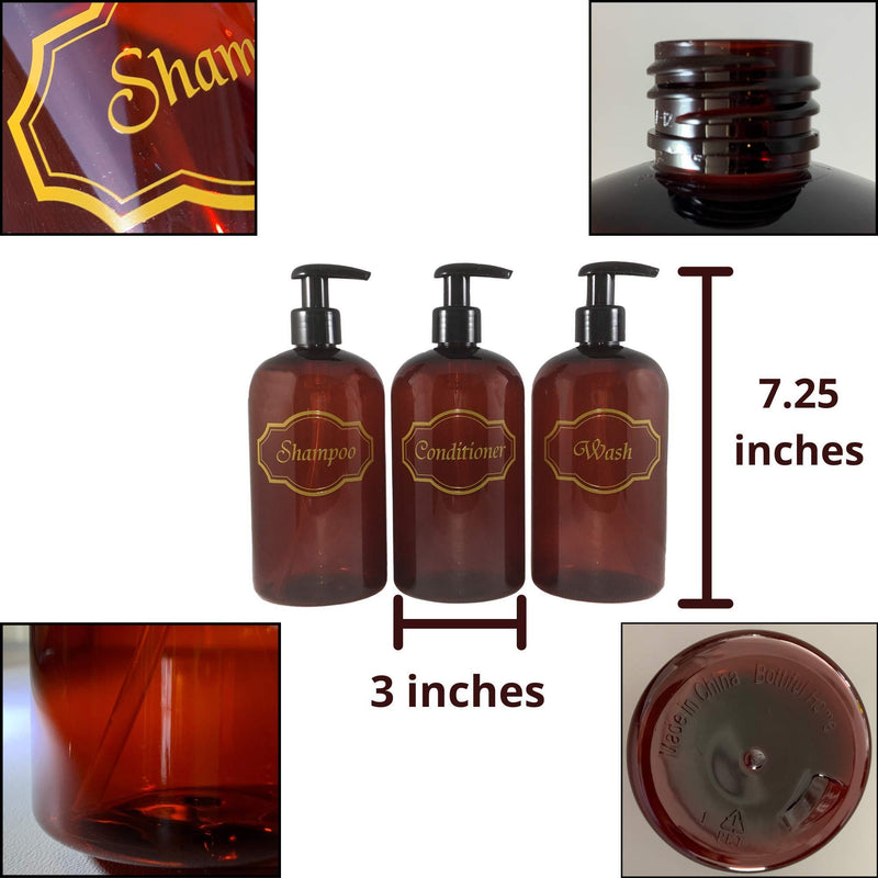 Bottiful Home-16 oz Amber Shampoo, Conditioner, Wash Shower Soap Dispensers-3 Refillable Empty PET Plastic Pump Bottle Shower Containers-Printed Design-Waterproof, Rust-Free, Clog-Free, Drip-Free Amber/Gold/Black