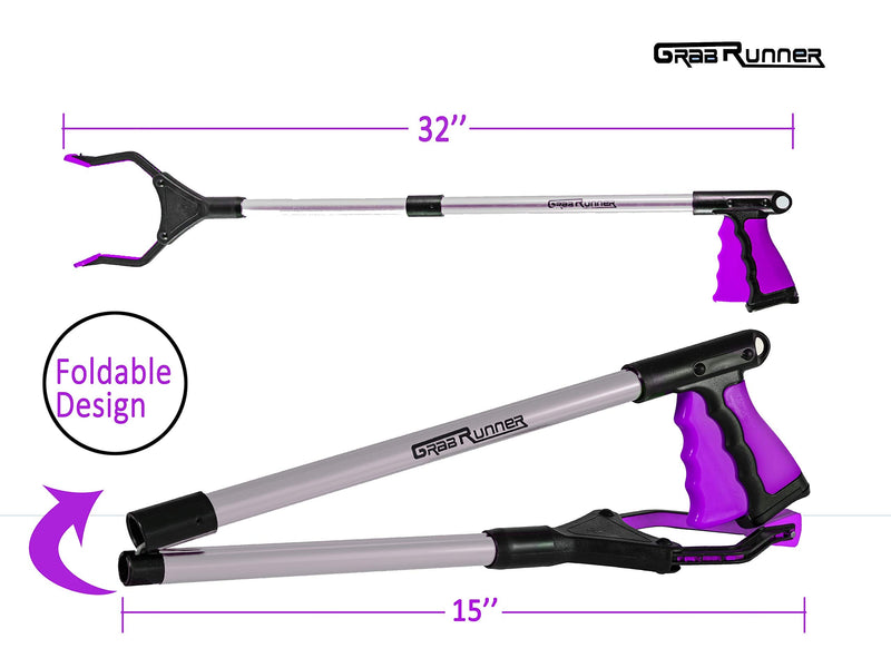 GrabRunner Reacher Grabber Tool for Elderly,32 Inch Foldable Trash Picker Grabber 90° Rotating Head Trash Gripper with Strong Magnetic Tip,Garden Nabber, Litter Picker,Long Arm Extension (Purple) Purple