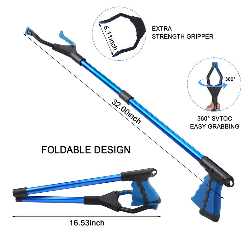 2 Pieces 32 Inch Foldable Grabber Reacher Tools with Magnet Pick Up Stick Grabber Long Handled Trash Litter Picker for Elderly Reaching Assist Arm Extension Tool (Blue, Green) Blue, Green