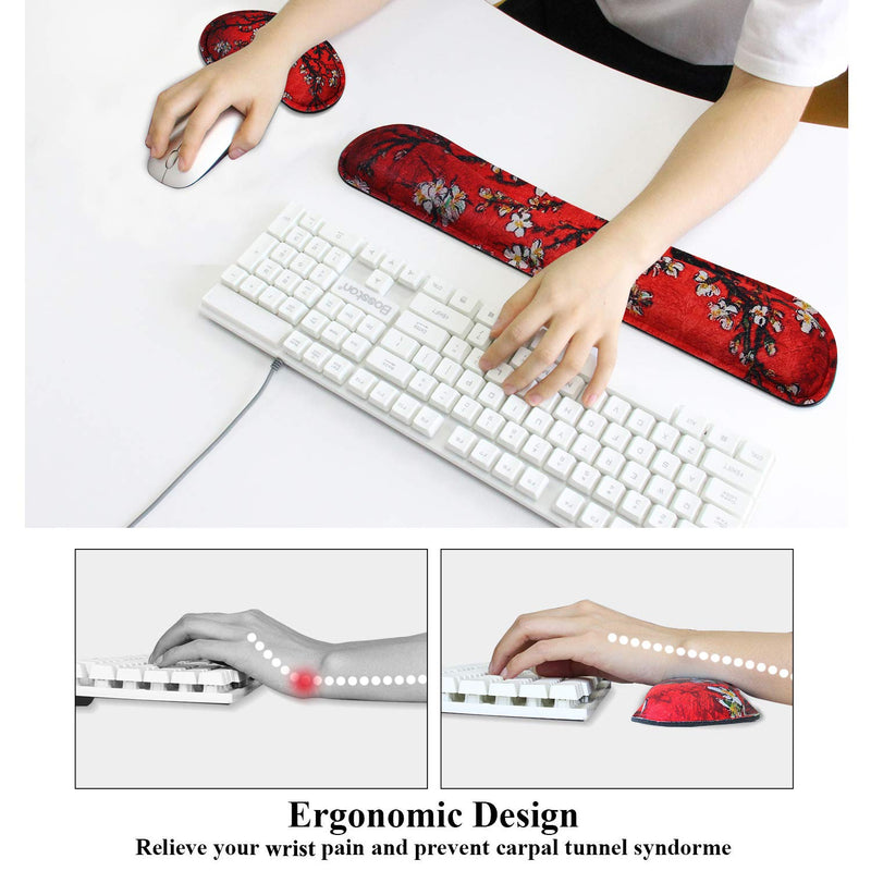 Meffort Inc Gaming Keyboard Wrist Pad & Mouse Wrist Rest Cushion Support Combo Set – Durable Ergonomic Anti Slip Non-Slip Base - Cherry Blossoming