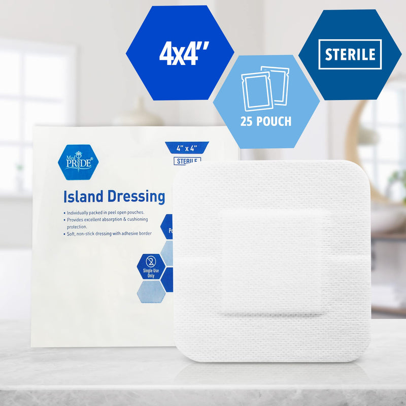 Med PRIDE 4inch x 4inch Bordered Gauze-Island Dressing| 25 Pack-Individually Packed Pouches| Wound Dressing with Adhesive, Breathable Borders| Sterile & Highly Absorbent| Latex-Free 4'' x 4''