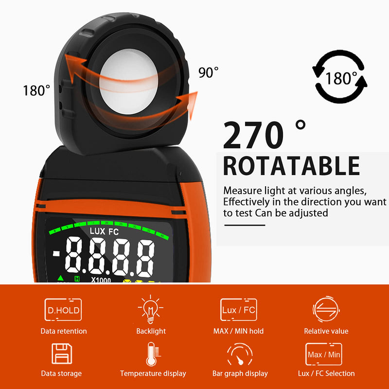 Light Meter HOLDPEAK 8801A Digital Illuminance/Light Meter 270 ° Rotate Sensor Head Range up to 400,000 Lux Data storag Color LCD Screen for Photography Grow Plants
