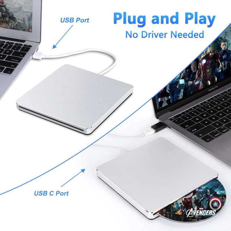 Guamar External CD/DVD Drive,USB Type C CD DVD Burner CD ROM Disc Reader Writer, Portable Optical CD/DVD +/-RW Drive DVD Player for Laptop Mac Desktop PC Windows 11 Apple MacBook Matte Silver