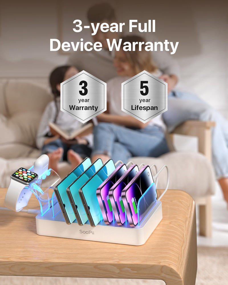 SooPii 8-Port USB-C Charging Station for Multiple Devices, with 1 PD 20W Port Supports Fast Charging, 8pcs Mixed Charging Cables and 1pcs Upgraded Holder for lWatch Charger & Air-Pods, White