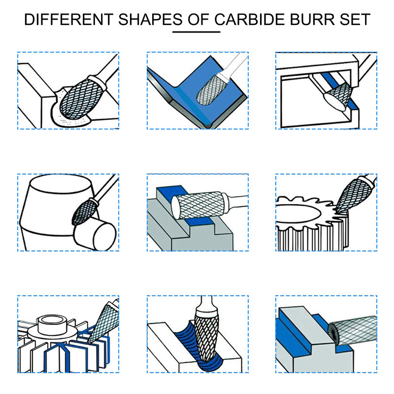 Double Cut Carbide Rotary Burr Set, Rotary Tool 20 Pcs Tungsten Steel Carbide Double Cut for Dremel Carving Bits, 1/8" Shank and 1/4" Head Length for Metal Polishing Wood Carving Drilling Engraving
