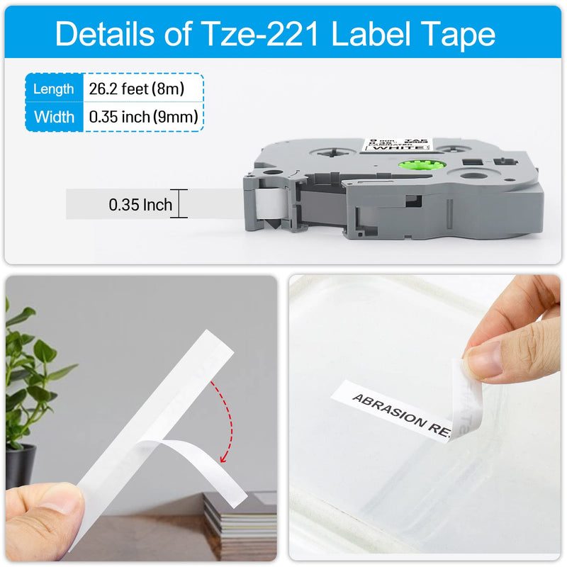 Tze-221 P Touch Label Tape 9mm Replacement for Brother Label Maker Tape Tze-221, Tz Tape 9mm 0.35 Laminated White Compatible with Brother Ptouch PT-D210 PT-D200 PT-H110 PT-D600 Label Maker, 3 Packs Black on White-3p-9mm