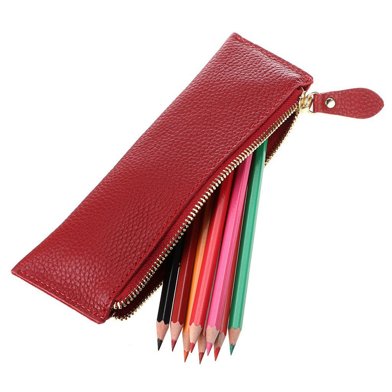 BTSKY Genuine Leather Pencil Case - Zippered Pen Case Stationery Bag Zipper Pouch Pencil Holder (Red) Red