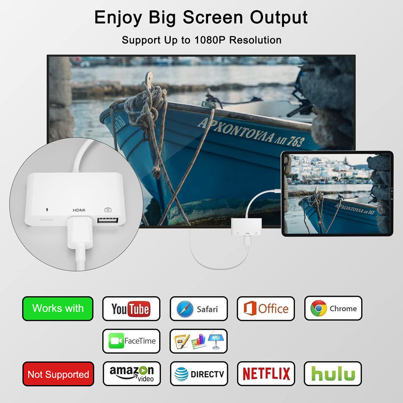HDMI Adapter, 3 in 1 USB Camera Adapter with 1080P Digital AV HDMI Adapter + Charging Splitter, Support USB Flash Drive, MIDI Keyboard, Mouse, Ethernet Adapter