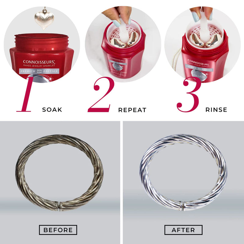 CONNOISSEURS Silver Jewelry Cleaner - Restore The Shine and Brilliance to Tarnished Sterling Silver Jewelry in Just 10 Seconds Premium Edition 9.6 OZ 20% More