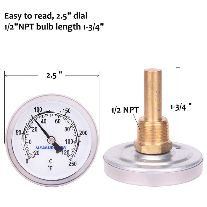 MEASUREMAN Hot Water Bi-Metal Thermometer, 2-1/2" Dial, 1-3/4" Lead-Free Brass Stem, Range 0-250 deg F/-20-120 deg C, 2% Accuracy, Adjustable, 1/2" NPT Back Mount