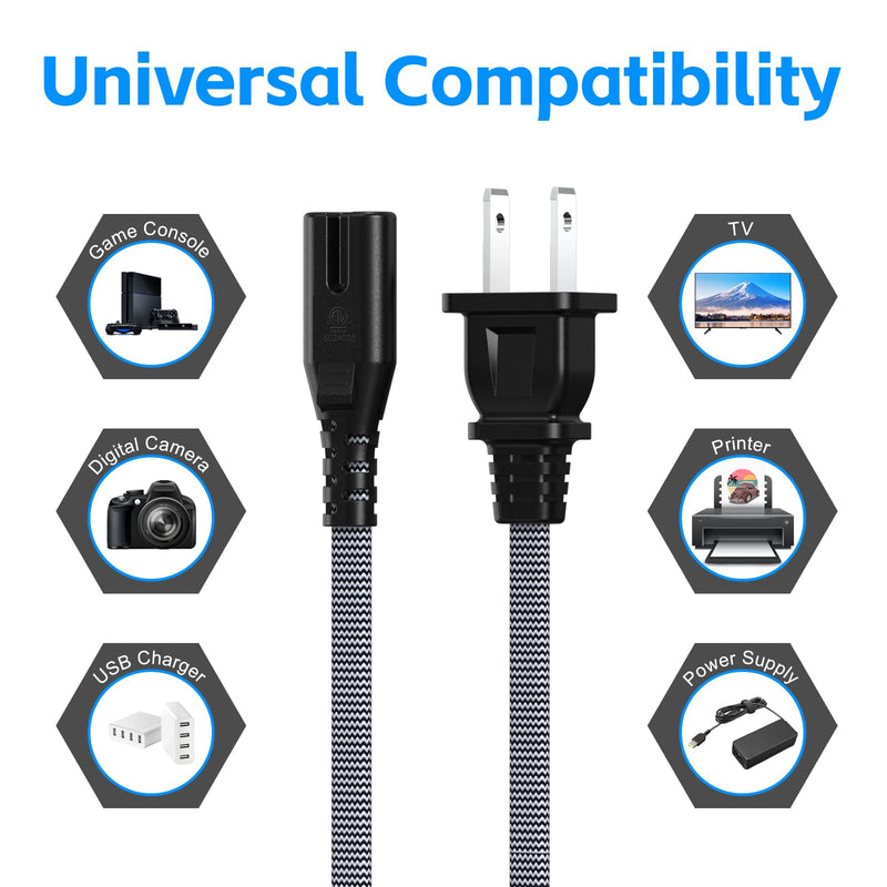 AC Power Cord 20FT(1 Pack), 2 Prong TV Power Cord, Nylon Braid Cable Replacement for Xbox One S, Xbox One X, Xbox Series X, PS3, PS4, PS5, Compatible for Printer, Monitor, Sound Bar, Game Console
