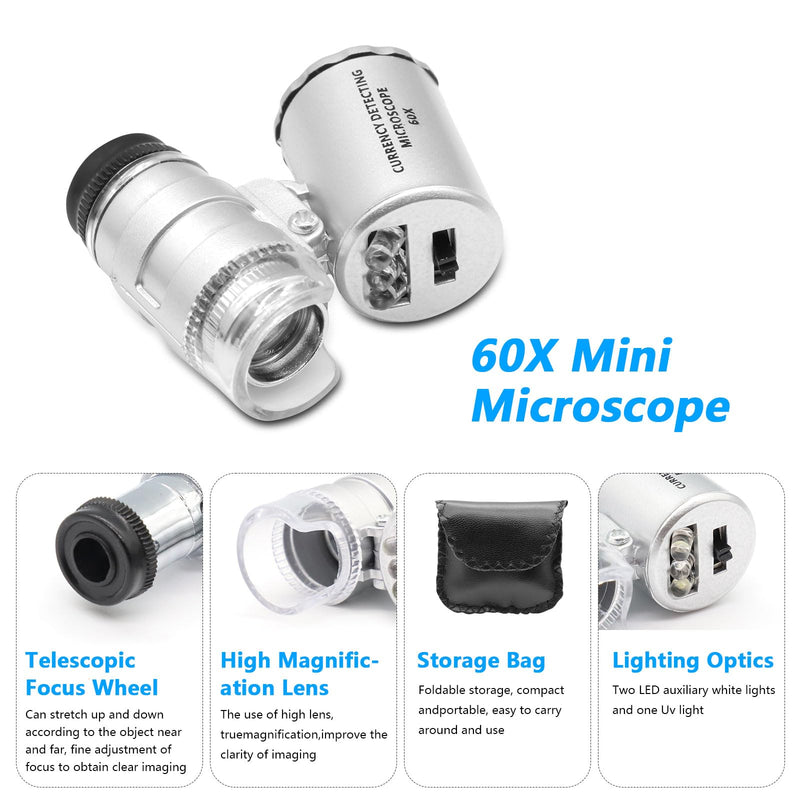 APKLVSR Mini 60X LED Microscope, 60x Mini Pocket Microscope, Mini Microscope, Pocket Microscope Magnifying Glass Microscope for Jeweler Adjustable Magnifying Glass with UV Light