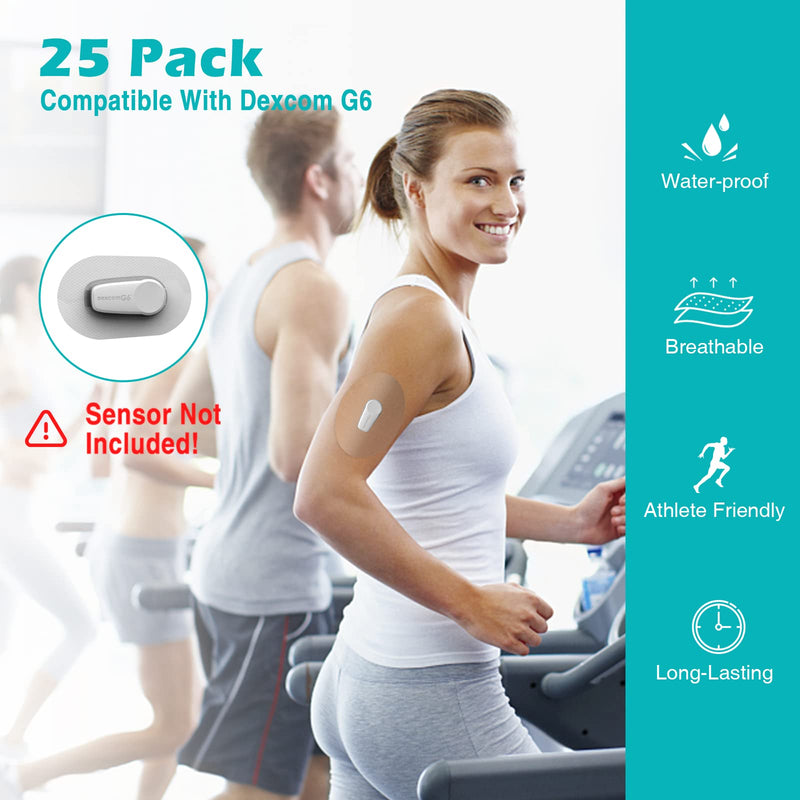 MEDMAX CGM Patches for Dexcom G6 (25-Pack), Sweat-Resistant Waterproof Breathable Skin-Friendly Latex Free Adhesive Patches, Durable Pre-Cut CGM G6 Sensor Patches (Tan) Tan