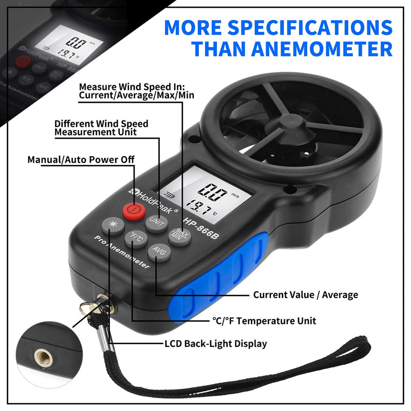 HoldPeak 866B Digital Anemometer Handheld Wind Speed Meter for Measuring Wind Speed, Temperature and Wind Chill with Backlight and Max/Min 1Pcs 866B Anemometer