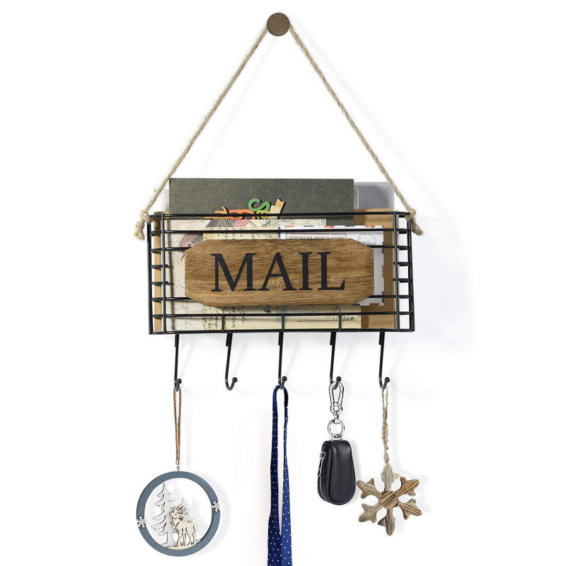 SRIWATANA Mail Holder, Rustic Mail Organizer Wall Mount Hanging Mail Sorter Letter Basket with 5 Key Holder Hooks, Small Size, Carbonized Black