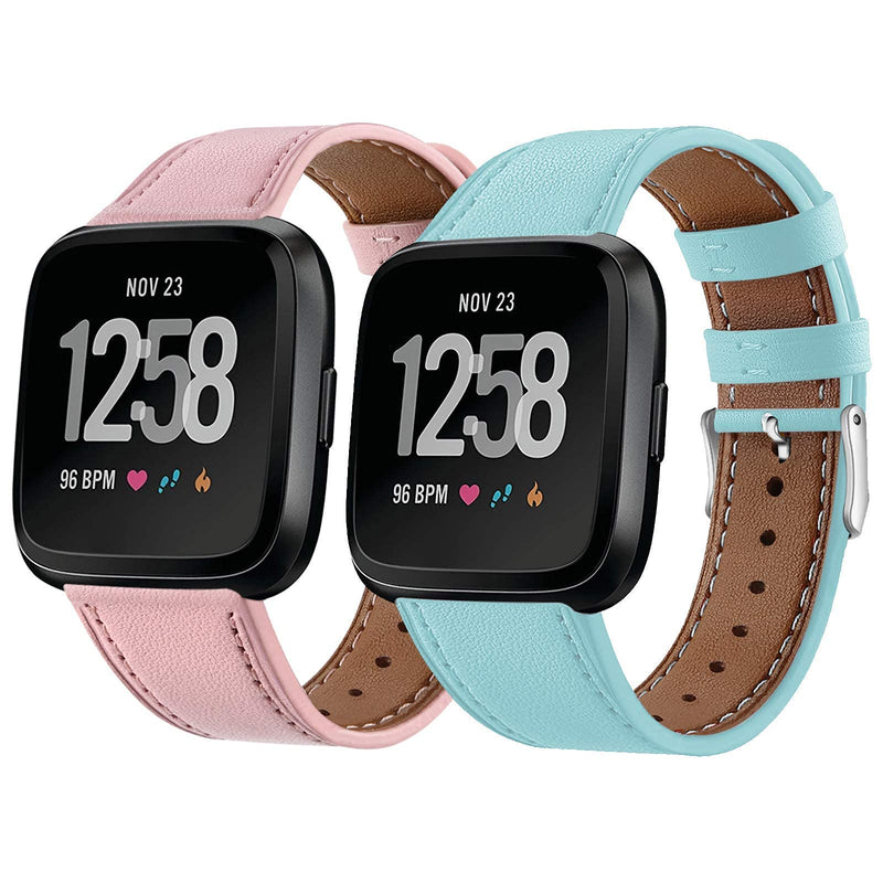 2 Pack BOTNUW Leather Bands Compatible with Fitbit Versa 2 Bands/Versa Bands/Fitbit Versa SE/Versa Lite Wristbands Fitness Smart Watch, Soft Replacement Leather Strap Bands for Women Men green&pink