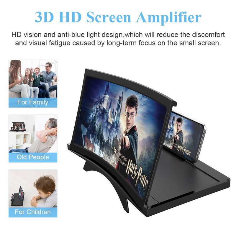 12" Curve Screen Magnifier –3D HD Mobile Phone Magnifier Projector Screen for Movies, Videos, and Gaming–Foldable Phone Stand with Screen Amplifier–Supports All Smartphones (Black) Black
