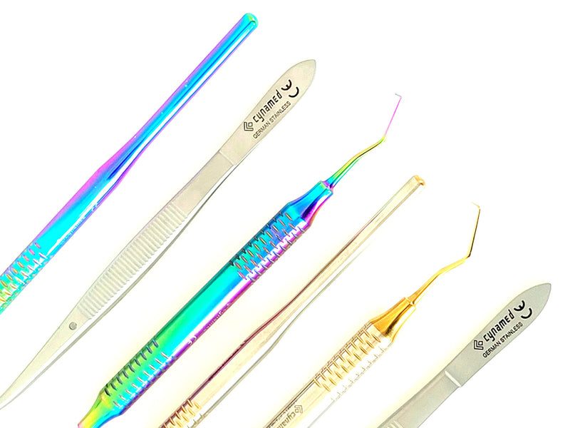 ArTLaB-Premium German 3 Instruments Basic Dental Set- Mirror Explorer College Cotton Plier Hollow Handle -Dental Instruments set of 3 (Gold and Rainbow Set of 6) Gold and Rainbow Set of 6
