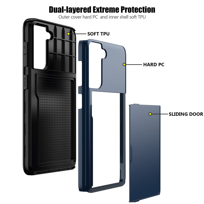Nvollnoe for Samsung S21 FE Case with Card Holder Dual Layer Heavy Duty Protective Galaxy S21 FE Case Hidden Card Slot Slim Wallet Case for Samsung S21 FE 5G 6.4''(Blue) Blue