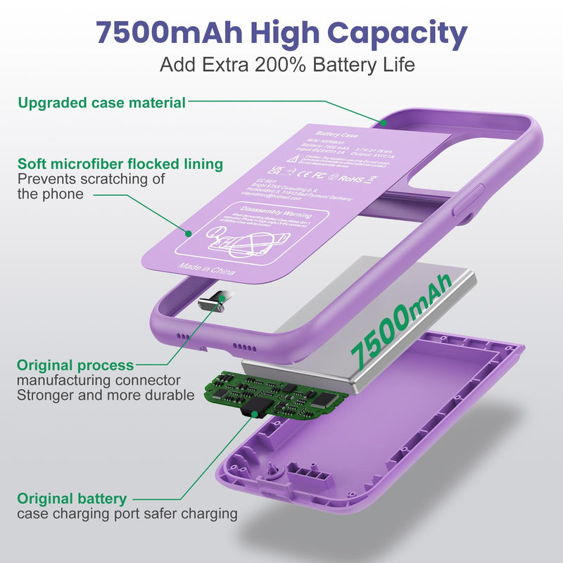 Ekrist Battery Case for iPhone 13/13Pro/14 (6.1 Inch),Real 7500mAh Battery Charging Case Portable Rechargeable Protective Extended Battery Charger Case for iPhone 13/13pro/14,Purple