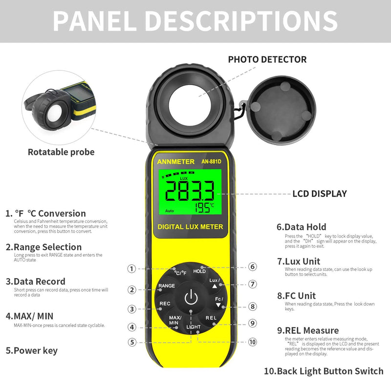 ANNMETER AN-881D Digital Illuminance Meter, Lux Meter with 0.01-400,000 Lux (0.01-40,000 FC) Foot Candle Measuring Ranges, Light Meter for Plants, Par Meter with 270°Rotatable Detector AI-881D Illuminance Meter Range 0.1~400,000Lux