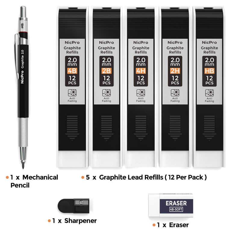 Nicpro 2.0 mm Mechanical Pencil Set, Artist Metal Lead Holder with 5 Tube Graphite Lead Refill HB, 2H, 4H, 2B, 4B, Eraser, Sharpener for Draft Drawing, Writing, Shading, Art Sketching 1