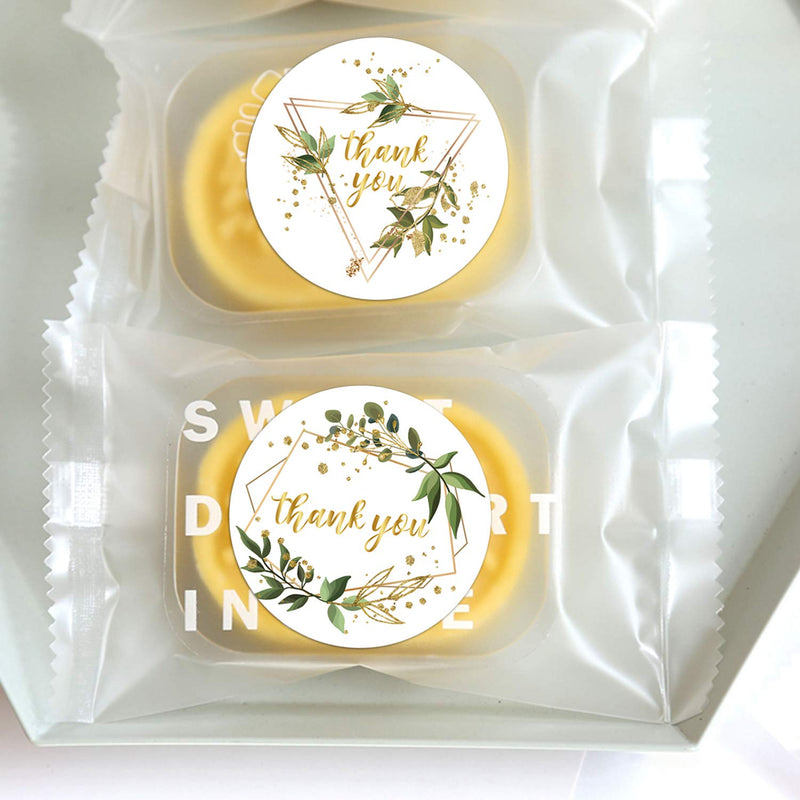 Thank You Stickers Roll, Green Leaves with Golden Frames Thank You Stickers, 1.4 Inch Adhesive Label Stickers 6 Different Designs, Perfect for Birthday, Wedding Favors, Small Business, 500 Per Pack.