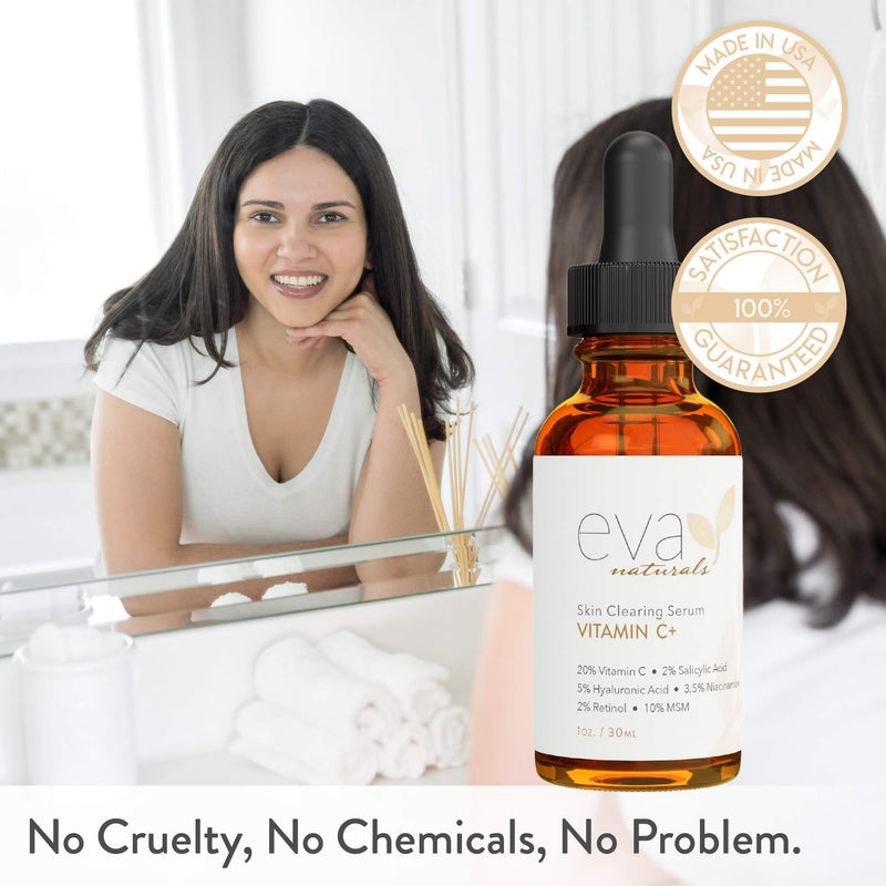Eva Naturals Vitamin C Serum Plus 2% Retinol, 3.5% Niacinamide, 5% Hyaluronic Acid, 2% Salicylic Acid, 10% MSM, 20% Vitamin C - Skin Clearing Serum - Anti-Aging Skin Repair, Face Serum (1 oz) 1 Ounce (Pack of 1)