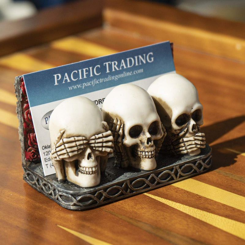 Skull Business Card Holder for Desk, Hand Painted See Hear Speak No Evil Gothic Desktop Name Cards Display Organizer, 3 3/4"L x 2 1/8"H