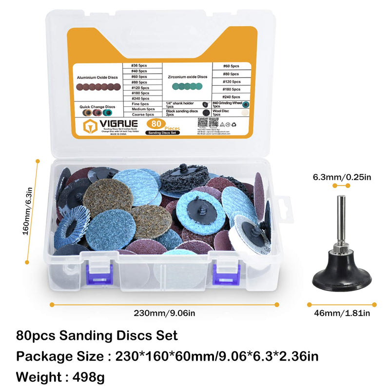 VIGRUE 80Pcs Sanding Discs Set, 2 Inches Quick Change Discs with 1/4 inch Holder, Surface Conditioning Discs for Die Grinder Surface Prep Grind Polish Burr Rust Paint Removal with Container