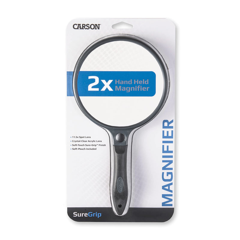 Carson SureGrip Series Hand Held or Hands Free 2x Power Magnifying Glasses For Reading, Low Vision, Inspection, Craft and Hobby Magnifiers 5.0 inch Lens