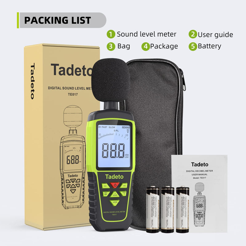 Decibel Meter, Tadeto Sound Level Meter Portable db Meter 30dB to 130dB (5 Measuring Ranges) Backlight LCD Display, MAX/MIN, Audible and Visual Alarms, Data Hold, A/C Weighted Verde