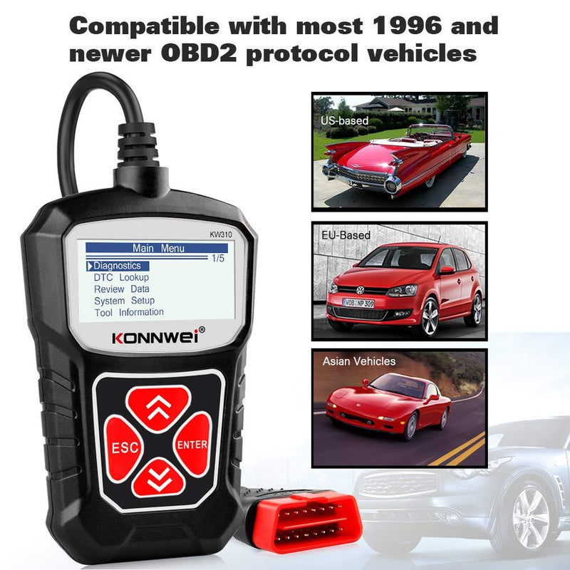 KONNWEI KW310 OBD2 Scanner Car Code Reader Full OBDII Functions 10 Modes Engine Diagnostic Scanner Tool for All 1996 and Newer Cars(Black) Black