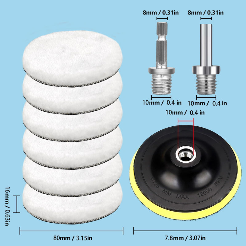 Polishing attachment, angle grinder, polishing hood, polishing sponge, 80 mm, Velcro polishing disc, polishing pads, 5 pieces of wool polishing attachment, polishing pad with 6 angle handle, round adapter, easy to replace