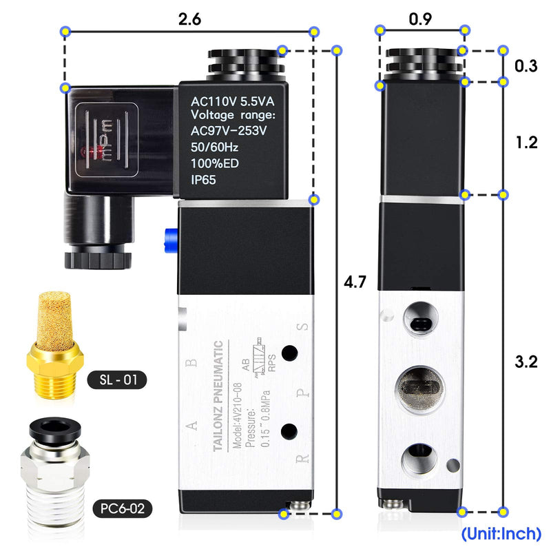 TAILONZ PNEUMATIC 1/4"NPT Solenoid Valve 4V210-08 12V/24V/110V/220V Single Coil Pilot-Operated Electric 2 Position 5 Way Connection Type AC110V