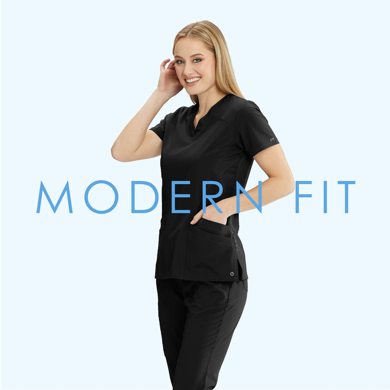 BARCO ONE Women’s Pulse Scrub Top, Sporty V-Neck Medical Top w/ 4-Way Stretch & 5 Pockets Small Black