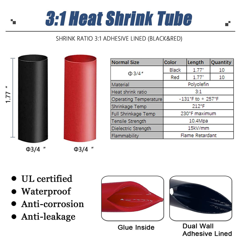 HerMia 20 Pack UL Heavy Duty Wire Lugs 1/0 AWG-1/2'', 1/0 AWG-3/8'' Tubular Ring Terminals Connectors Battery Cable Ends, Bare Copper Eyelets with 3:1 Dual Wall Adhesive Heat Shrink